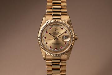 1988 Rolex 18K YG Day-Date 18238 Champagne Diamond & Ruby String Dial