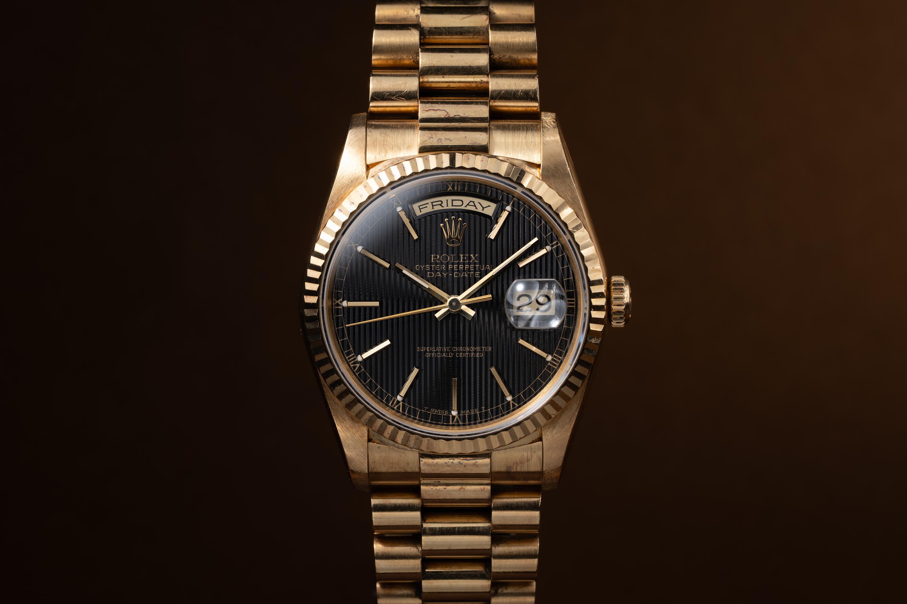 1990 Rolex 18K YG Day-Date 18238 Black Tapestry Dial | Tropical Watch