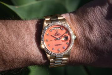 1988 Rolex 18K YG Diamond Day-Date 18048 Pyramid, Diamond-Pinball, Coral Dial with Box, Papers & RSC