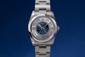 2008 Rolex Oyster Perpetual 116000 Silver & Blue Guilloche Concentric Dial with Papers