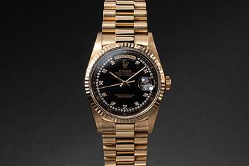 1990 Rolex 18K YG Day-Date 18238 Black Diamond String Dial