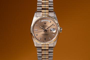 1990 Rolex Tridor Day-Date 18239 Salmon Diamond Dial 