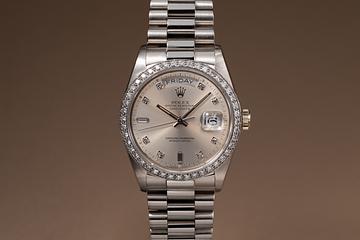 1988 Rolex 18K WG Day-Date 18049 Silver Diamond Dial