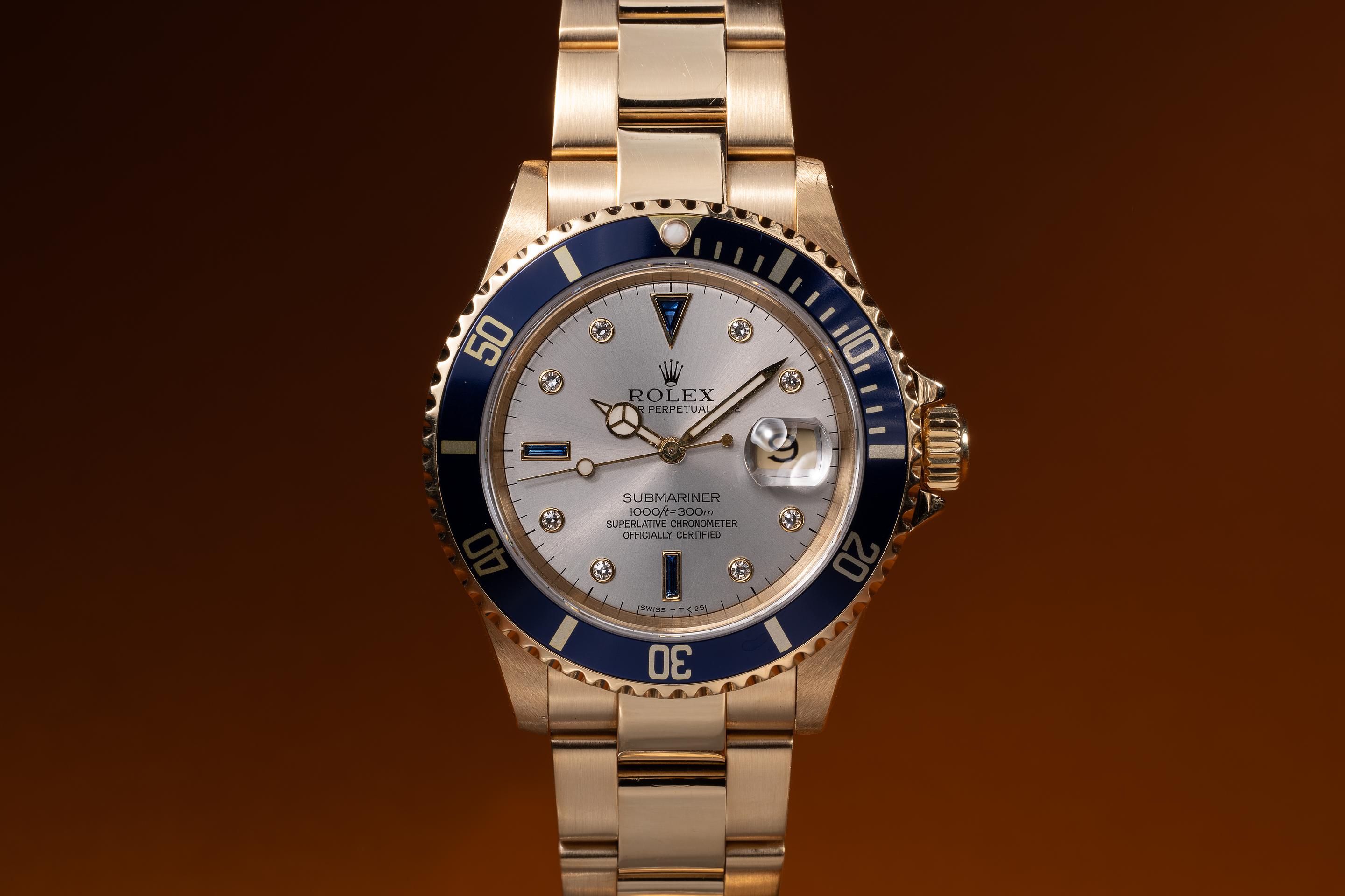 1990 Rolex 18K YG Submariner 16618 Silver Serti Dial | Tropical Watch