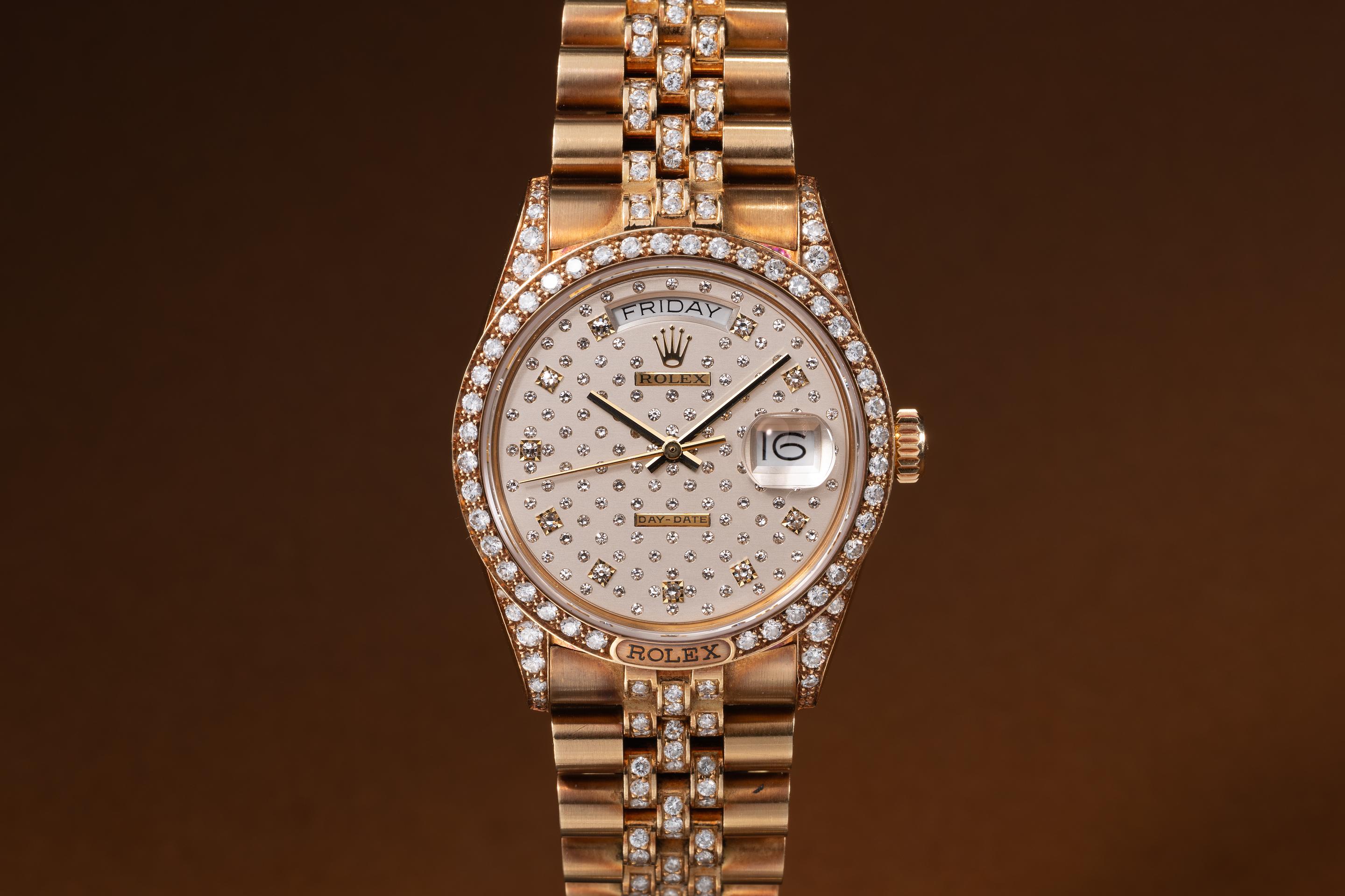 1986 Rolex 18K YG Day-Date 18138 Silver Diamond Dial | Tropical Watch