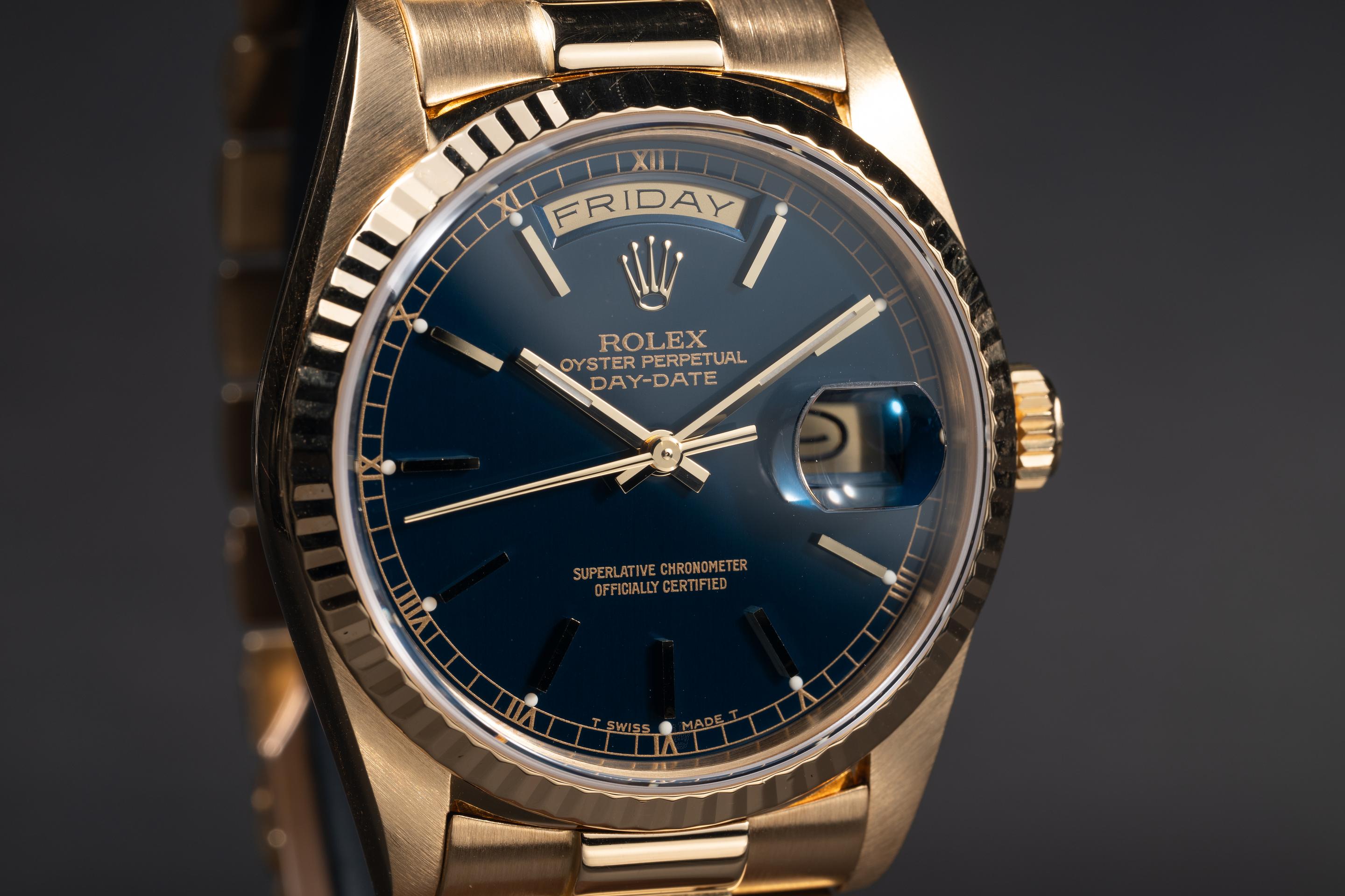 はる 1989 Rolex Day-Date 18238 Blue Dial with RSC | Tropical Watch