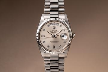1991 Rolex 18K WG Day-Date 18239 Silver Diamond Dial