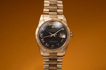 1990 Rolex 18K YG Bark & Diamond Day-Date 18308 Ferrite Arabic Dial with Papers