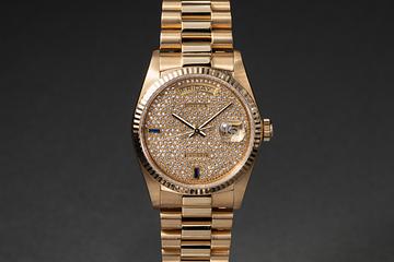 1986 Rolex 18K YG Day-Date 18038 Diamond & Sapphire Pave Dial with Service Papers