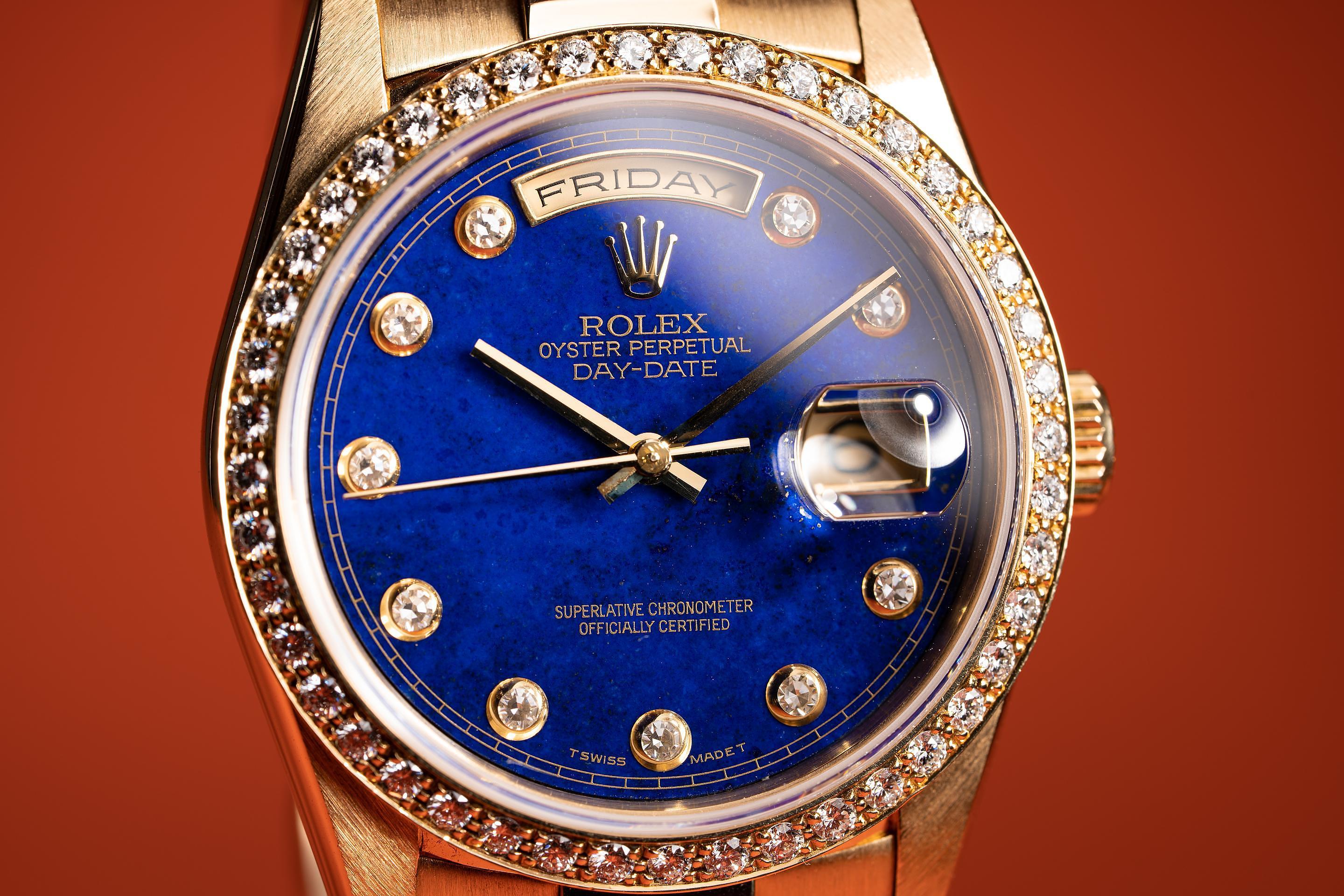 1990 Rolex 18K YG Day-Date 18348 Lapis Pinball Dial | Tropical Watch