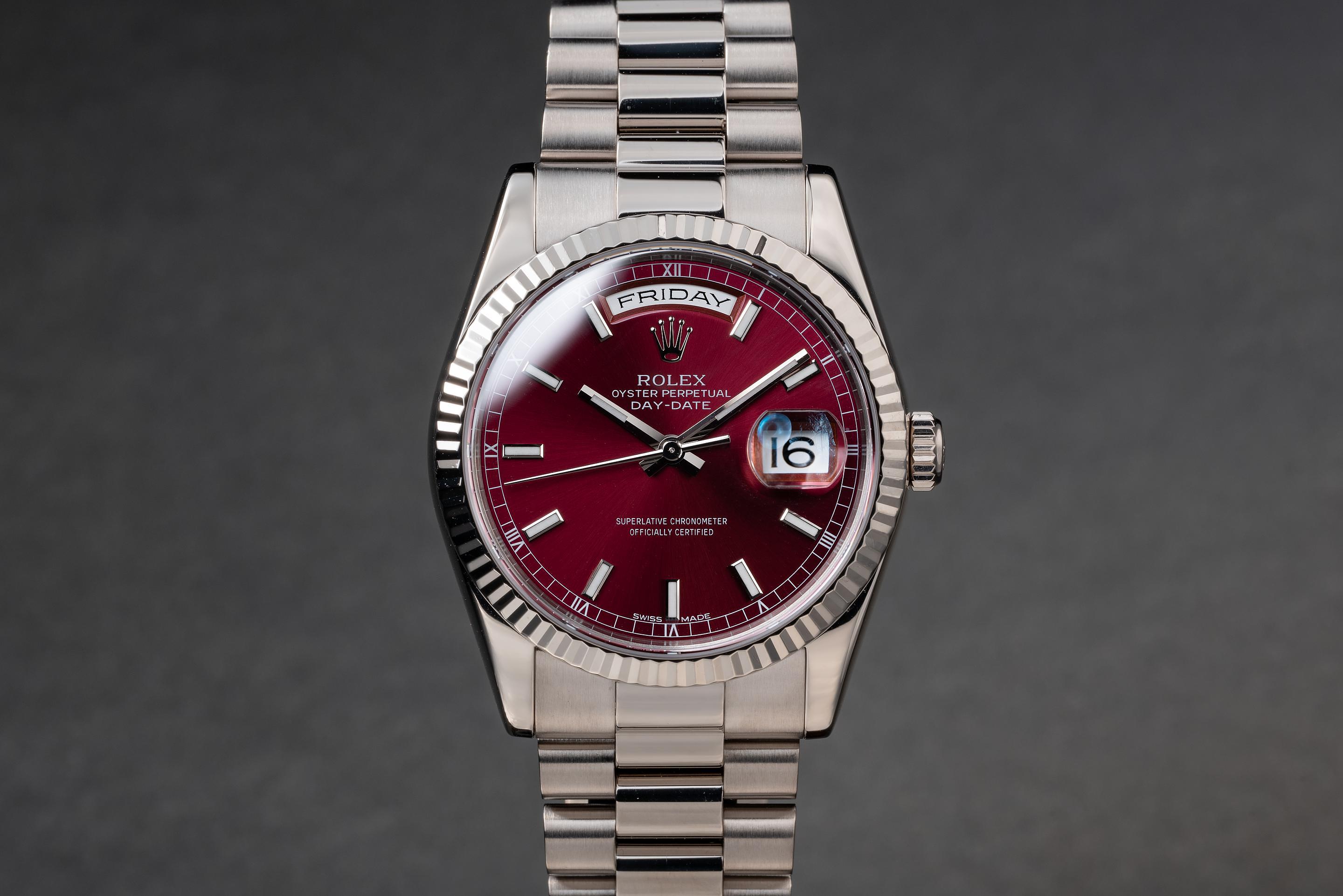 2003 Rolex 18K WG Day-Date 118239 Cherry Dial Tropical Watch