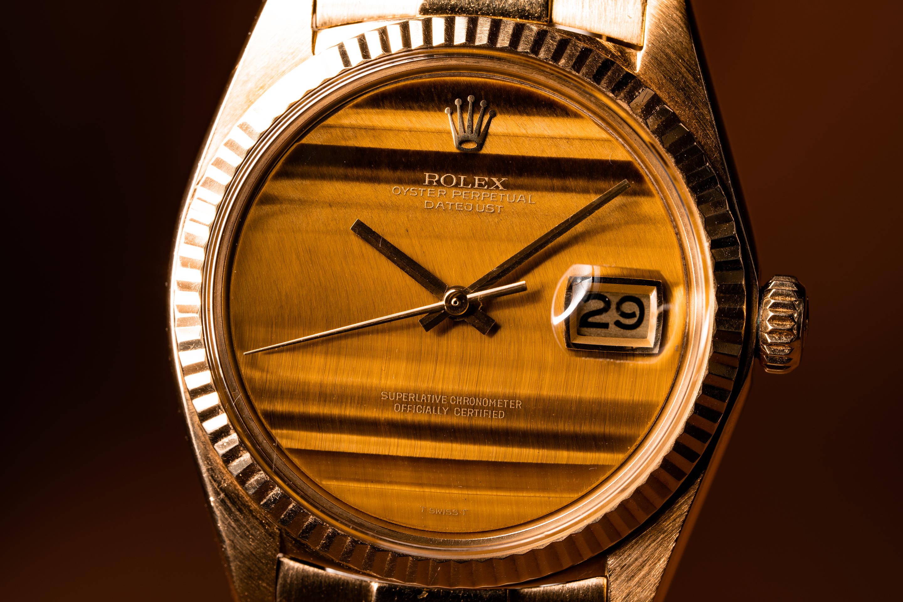 1976 Rolex 18k YG DateJust 1601 Tiger Eye Stone Dial | Tropical Watch