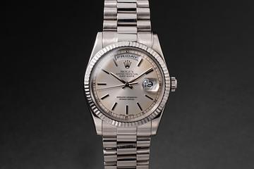 2001 Rolex 18K WG Day-Date 118239 Silver Tropical Dial with Box & Papers