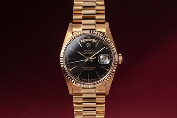 NOS 1994 Rolex 18K YG Day-Date 18238 Black Dial with Box & Papers