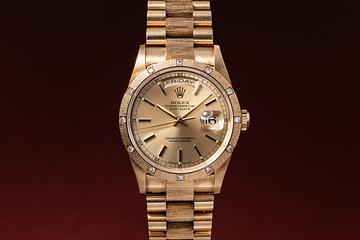 1991 Rolex 18K YG Diamond Bark Day-Date 18308 Champagne Dial