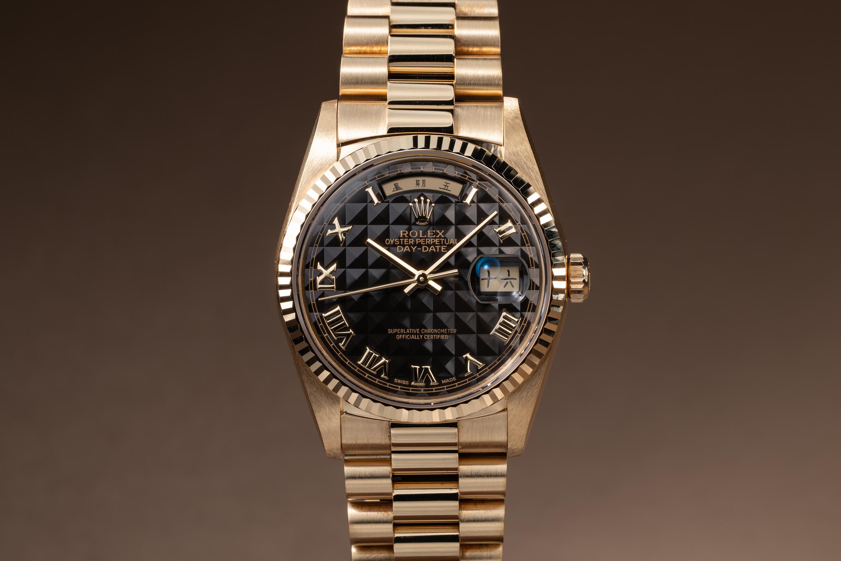 1989 Rolex Day-Date 18238 Black Pyramid Dial with Box and Papers