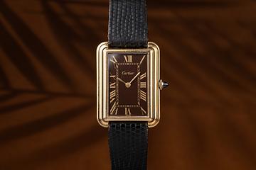 Cartier Gold Plaqué Jumbo Stepped Tank 15716 Brown Dial