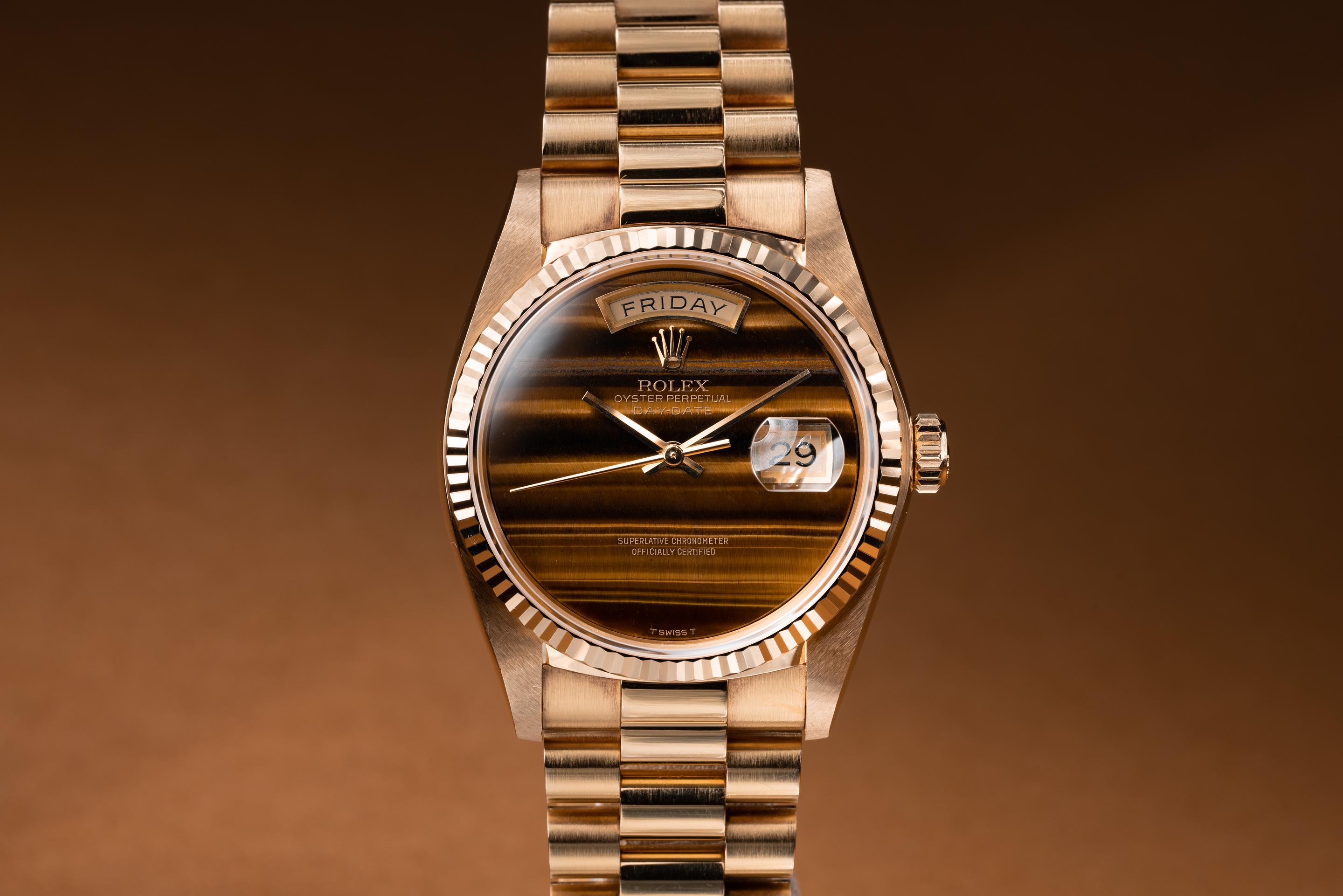 F143 【タイガーです。】 1979 Rolex 18K YG Day-Date 18038 Tiger Eye Dial | Tropical Watch