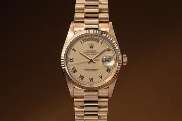 1987 Rolex 18K YG Day-Date 18038 Matte Champagne Roman Numeral Dial 