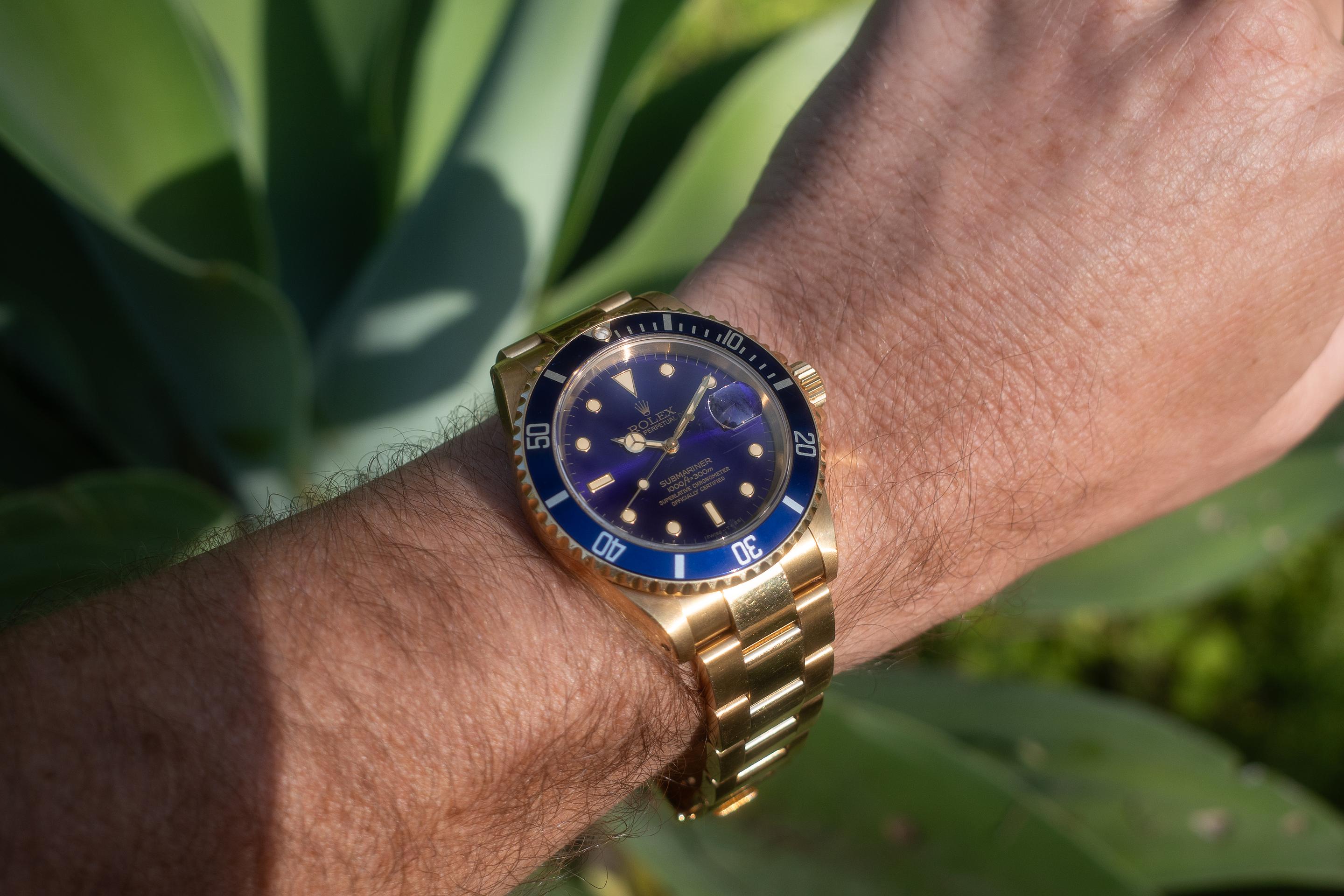 1990 Rolex 18K YG Submariner 16618 Purple Blue Dial | Tropical Watch
