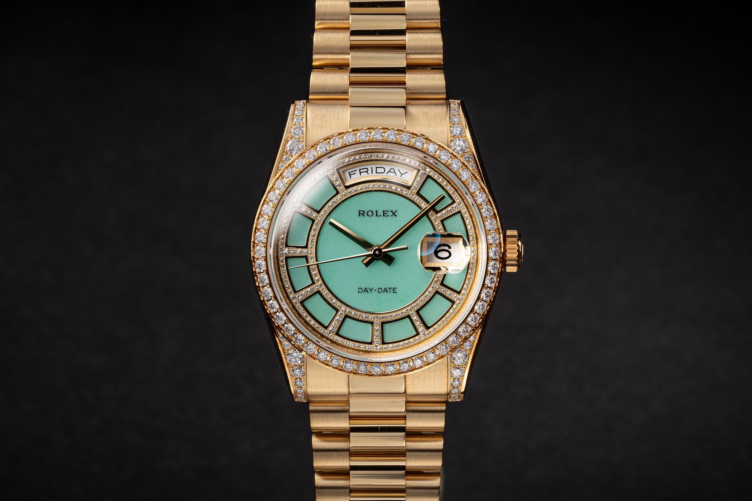 2022 Rolex 18K YG Diamond Day-Date 118388 Carousel Green Jade Dial