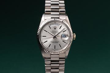 1992 Rolex 18K WG Day-Date 18239 Silver Dial with Papers & Service papers