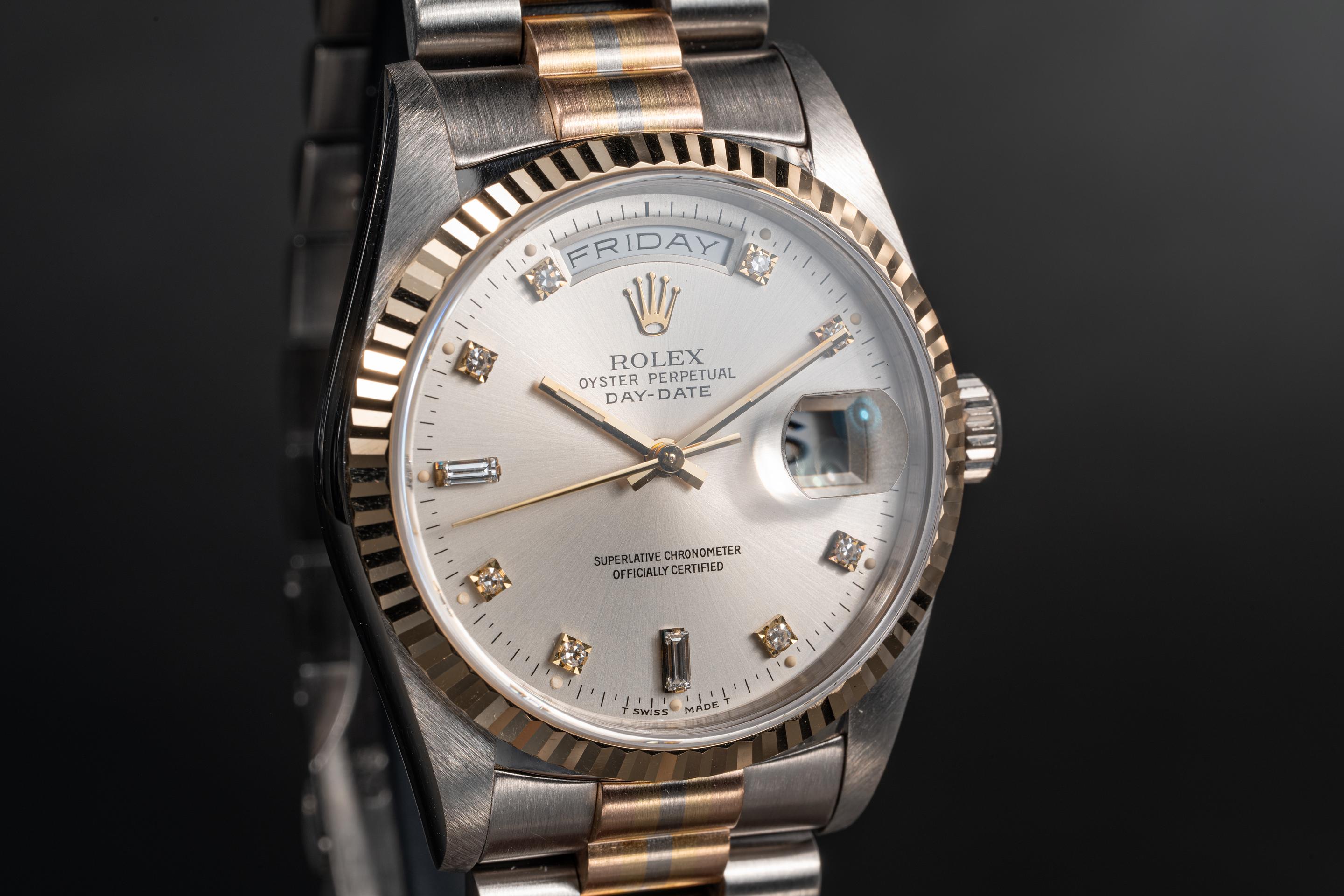 1989 Rolex Tridor Day-Date 18239 Silver Diamond Dial | Tropical Watch