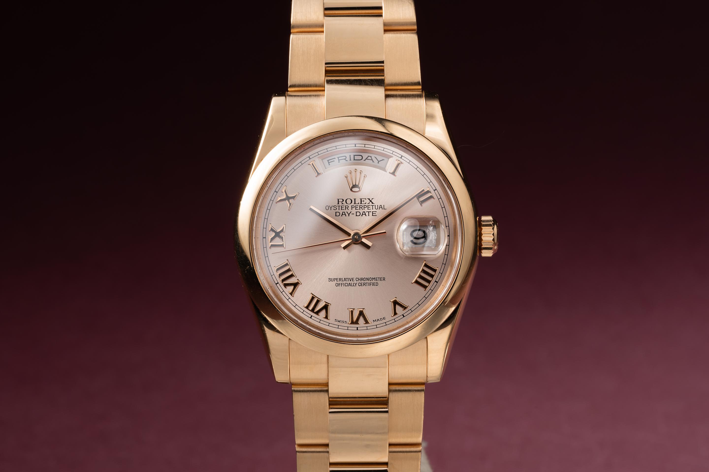 2001 Rolex 18K Rose Gold Day-Date 118205 Pink Roman Numeral Dial