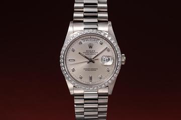 1989 Rolex 18K White Gold Day-Date 18349 Silver Diamond Dial 