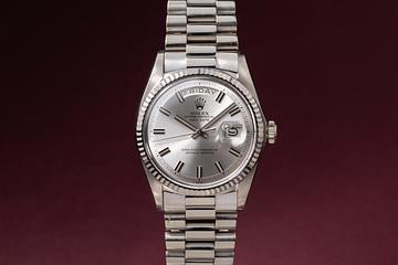 1971 Rolex 18K WG Day-Date 1803 Silver No-Lume Wide Boy Dial