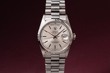 1993 Rolex 18k WG Day-Date 18238 Silver Dial 