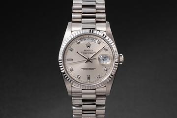1990 Rolex 18k WG Day-Date Silver Diamond Dial with Service Papers