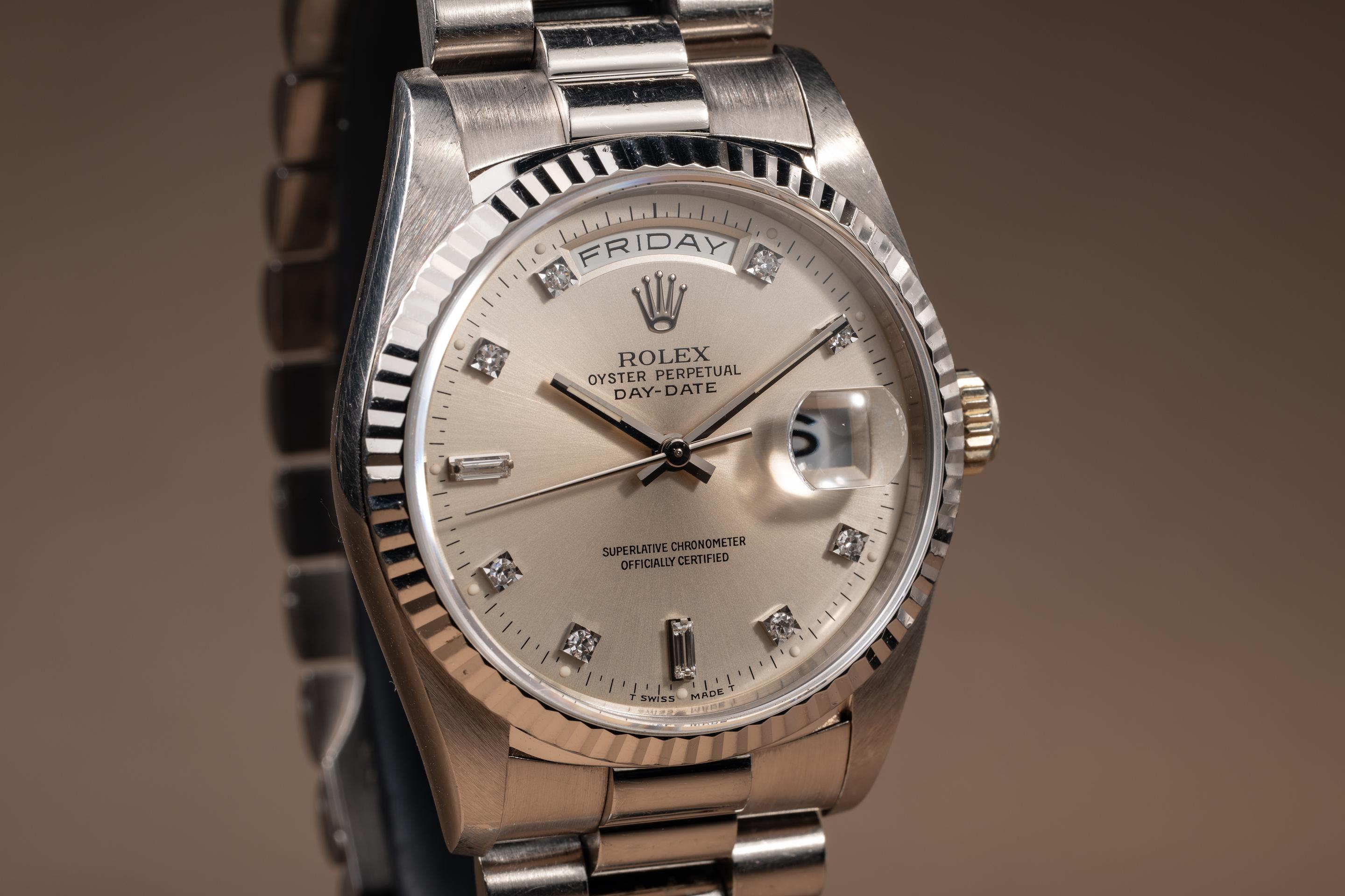 1991 Rolex 18K WG Day-Date 18239 Silver Diamond Dial | Tropical Watch