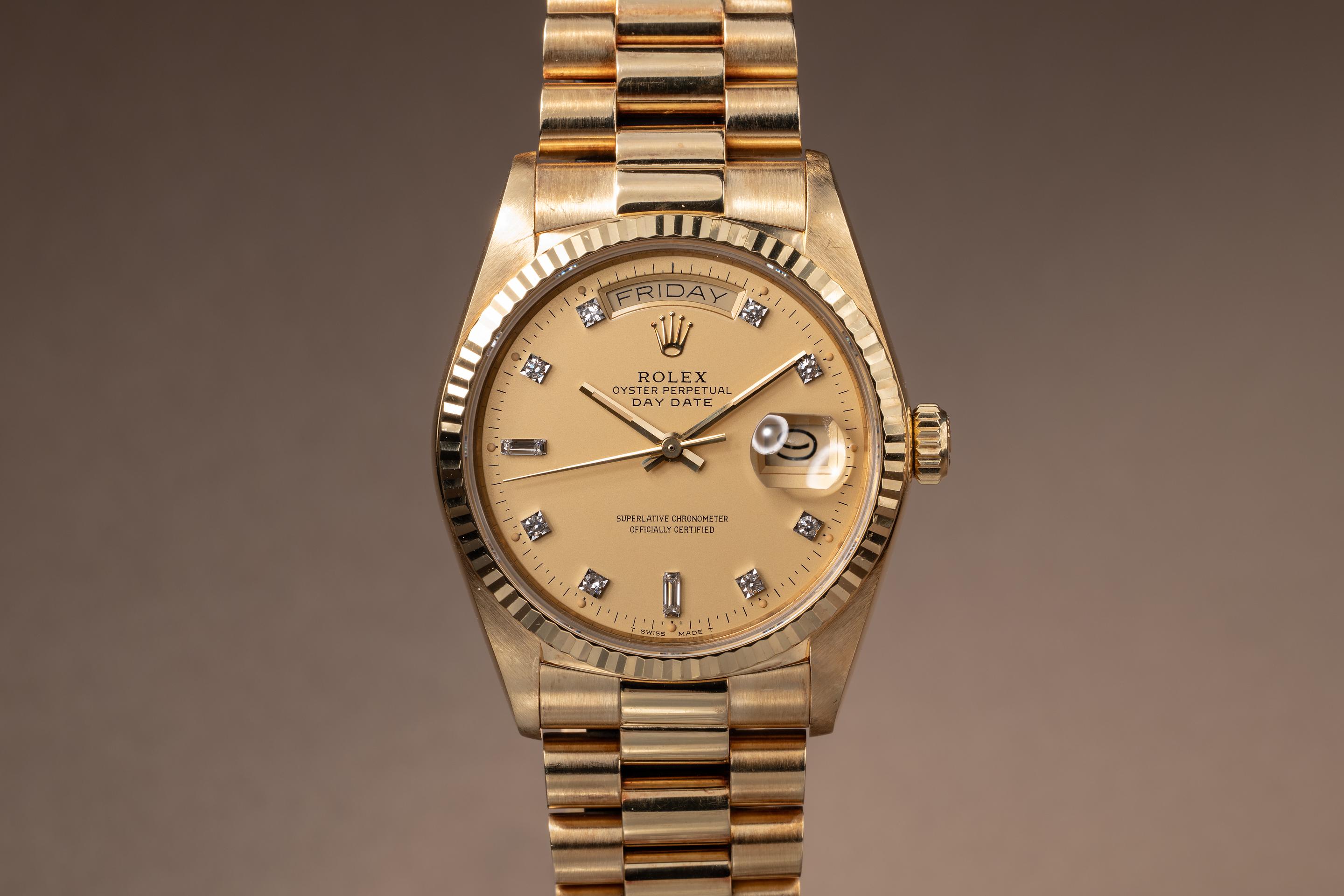 モーニングデイ 1986 Rolex Day-Date 18038 Champagne Lemon Diamond Dial | Tropical