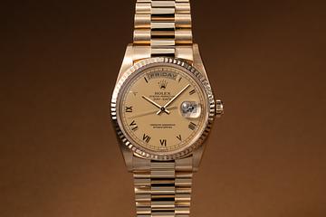 1989 Rolex 18K YG Day-Date 18238 Satin Champagne Roman Numeral Dial with Box & Papers