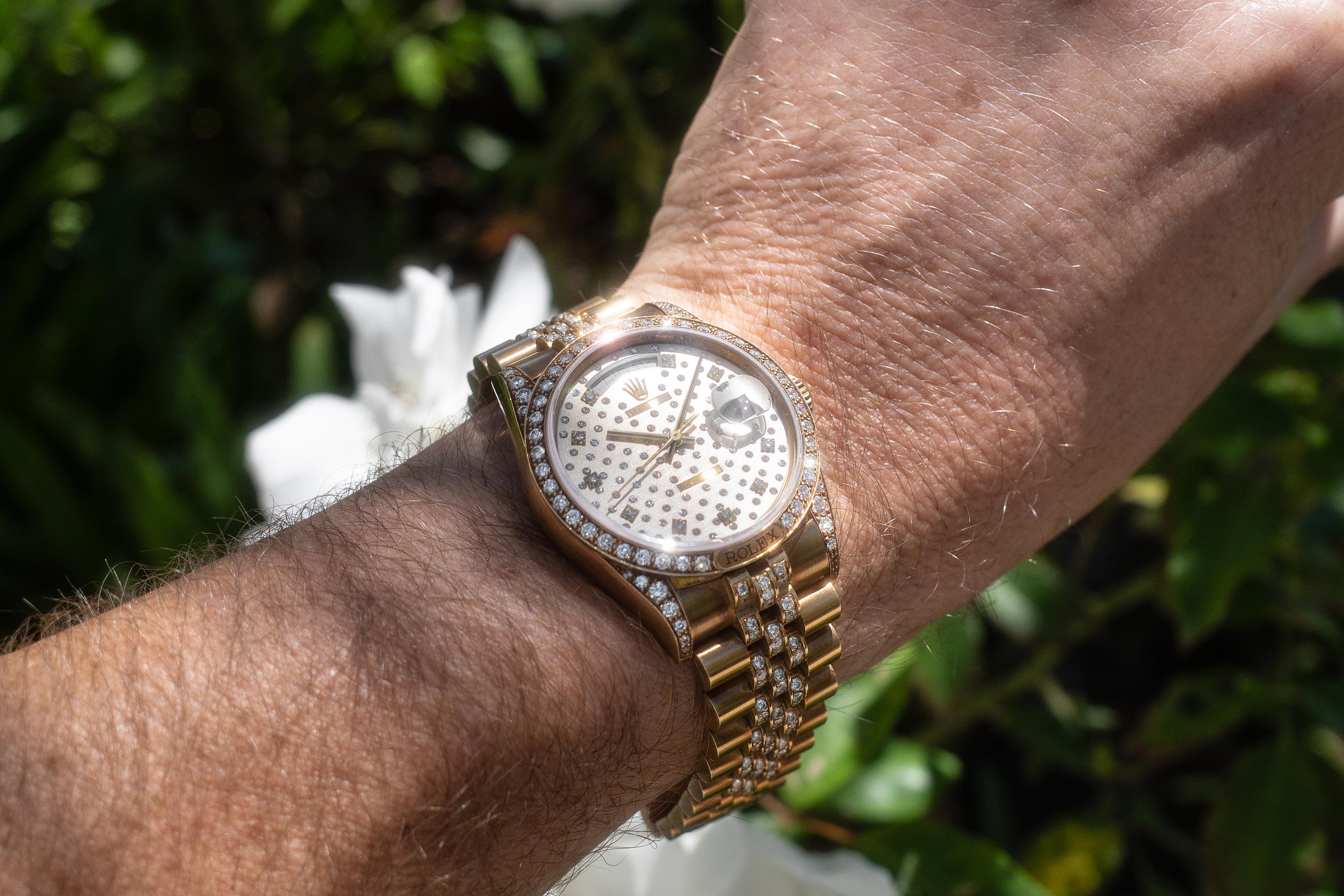 1986 Rolex 18K YG Day-Date 18138 Silver Diamond Dial | Tropical Watch