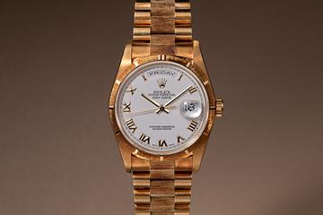 1999 Rolex 18K YG Bark Day-Date 18248 White Roman Numeral No-Lume Dial with Papers
