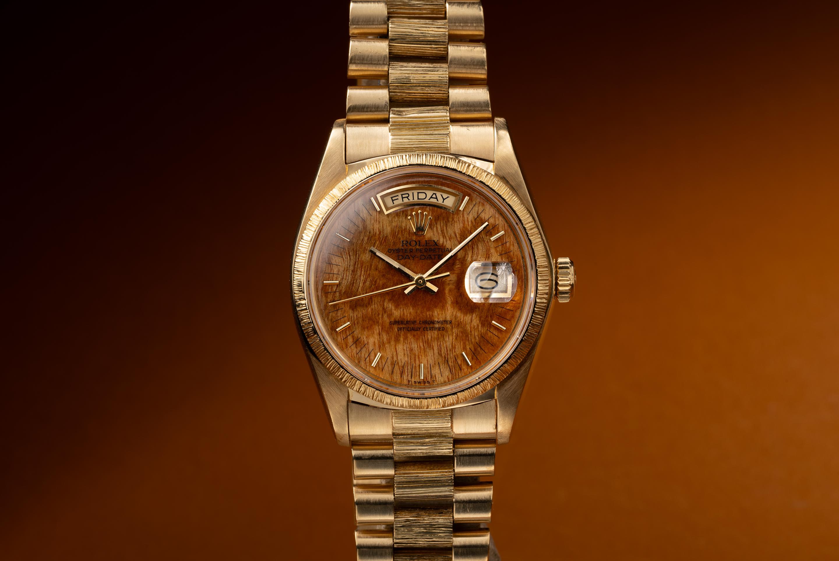 1978 Rolex 18K YG Day-Date 18078 Birch Burlwood Dial with Service