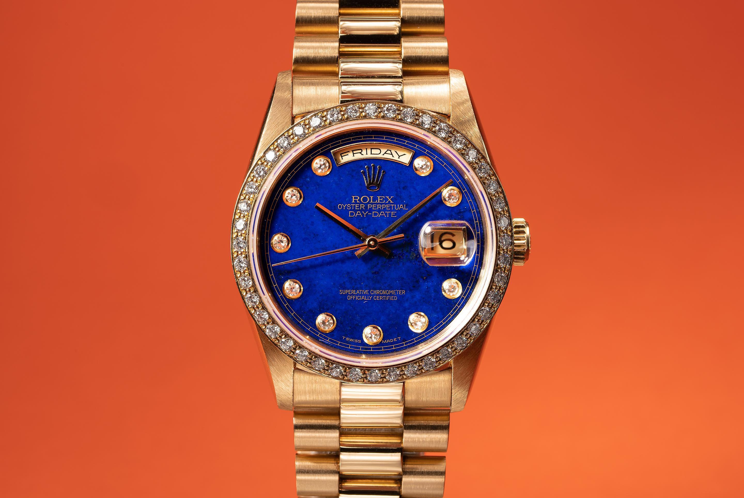 1990 Rolex 18K YG Day-Date 18348 Lapis Pinball Dial | Tropical Watch