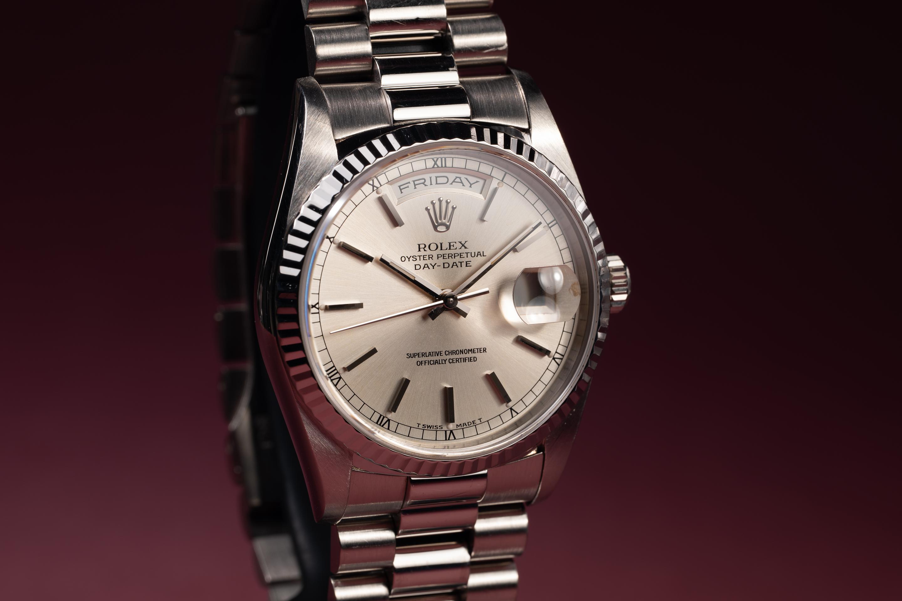 1993 Rolex 18k WG Day-Date 18238 Silver Dial | Tropical Watch