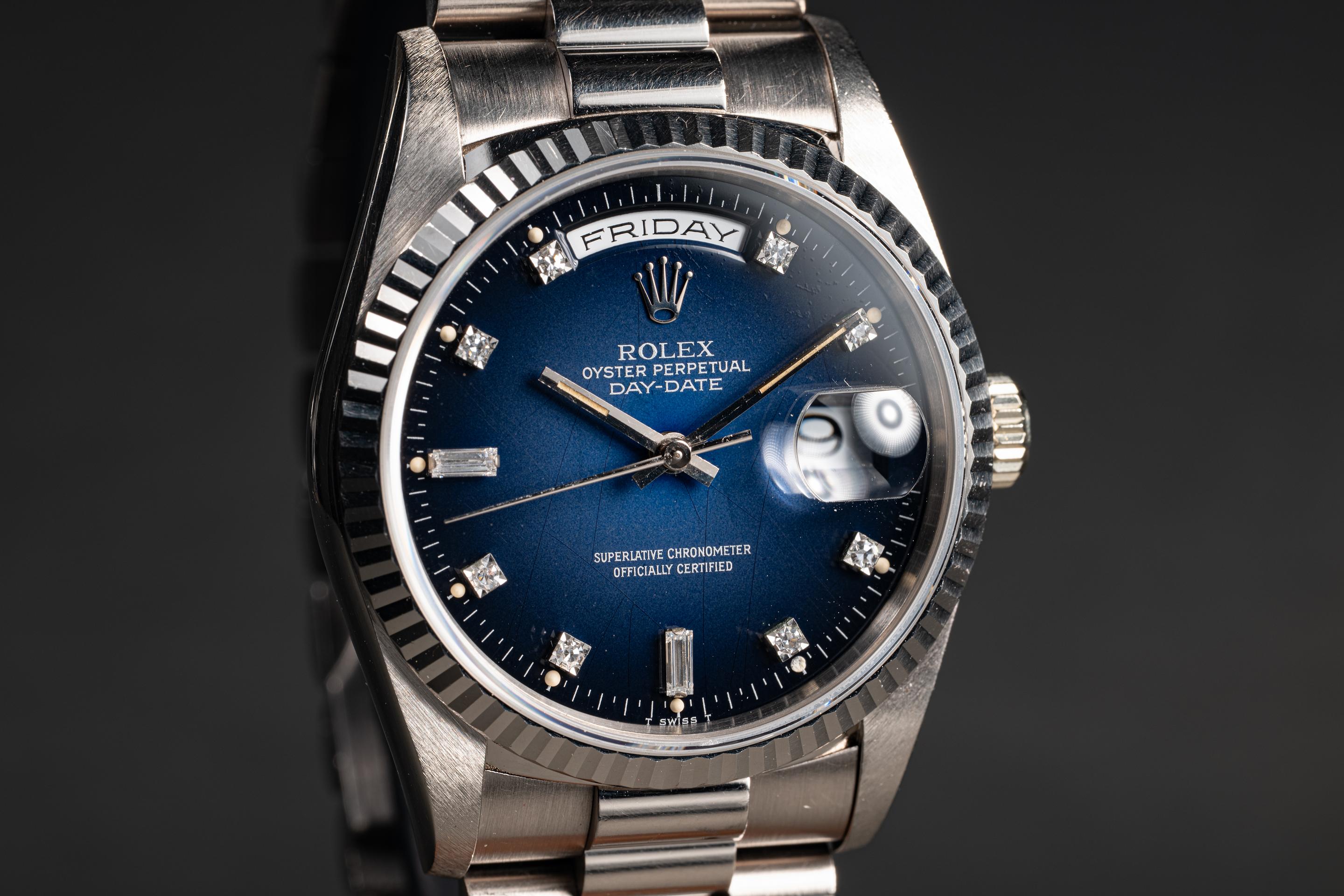 TIME IS ON　LINKS FRONT PANEL S/S　サイズ0 1995 Rolex 18K WG Day-Date 18239 Blue Vignette Diamond Dial