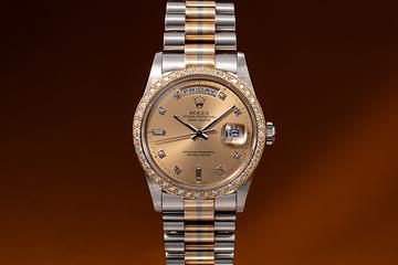 1989 Rolex 18K Tridor Diamond Day-Date 18349 Champagne Diamond Dial