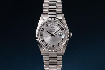 1996 Rolex 18K WG Day-Date 18239 Silver Diamond Arabic Dial