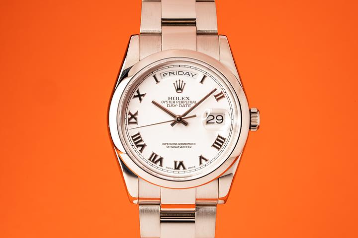 2000 Rolex 18K White Gold Day-Date White Roman Numeral Dial | Tropical ...
