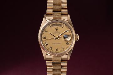 1986 Rolex 18K YG Bark Day-Date 18078 Matte Champagne Roman Numeral Dial