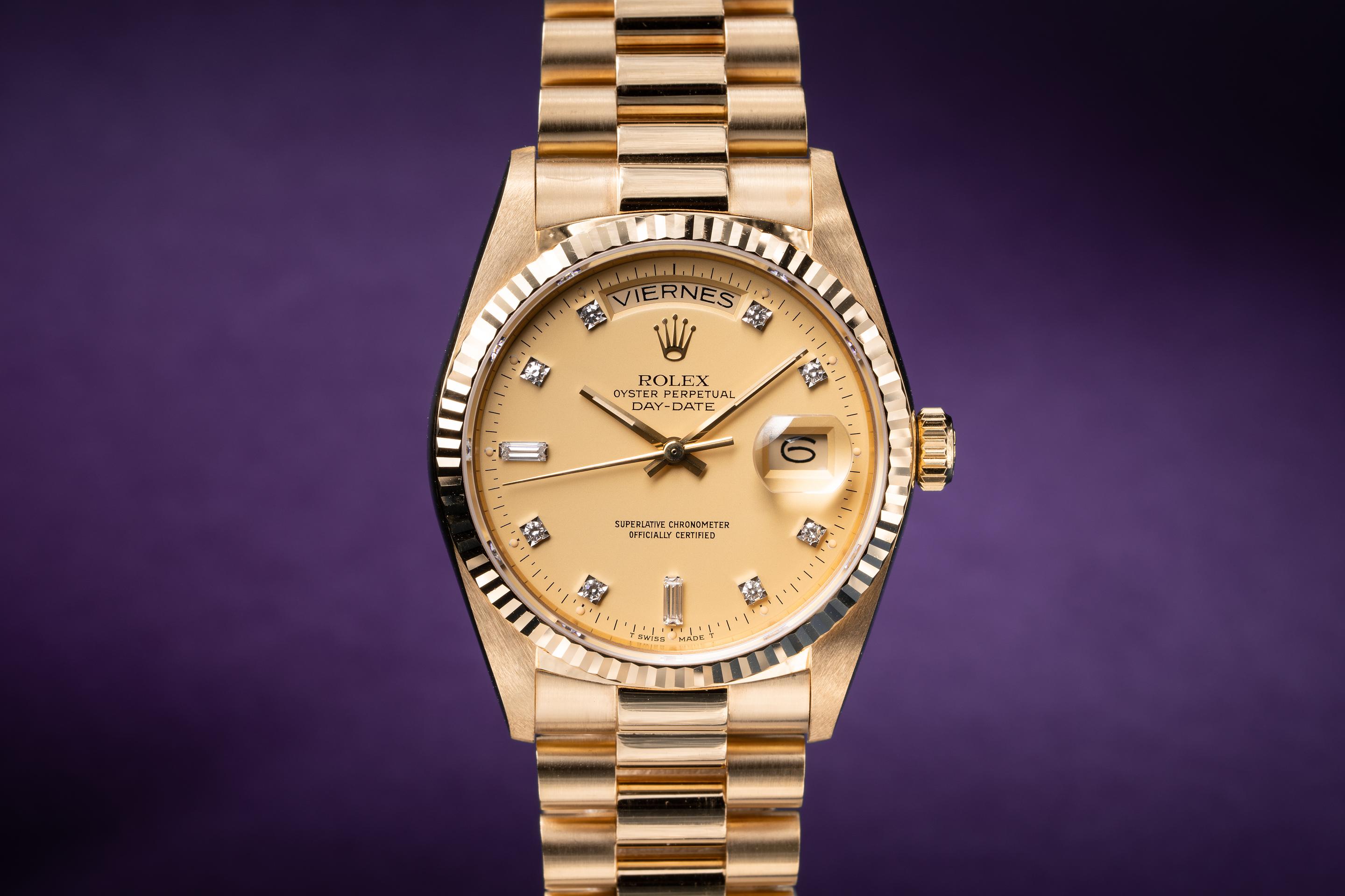 1986 Rolex 18K YG Day-Date 18038 Lemon Diamond Dial with Papers