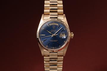 1985 Rolex 18K YG Day-Date 18038 Blue Dial