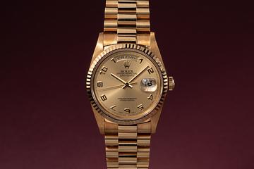 1990 Rolex 18K YG Day-Date 18238 Champagne Arabic Dial
