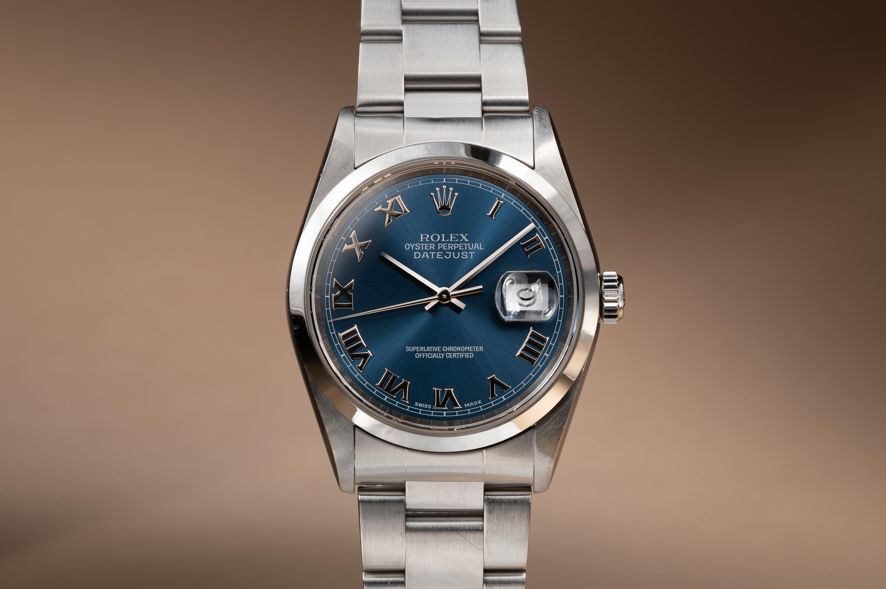 2000 Rolex DateJust 16200 Blue Roman Numeral Dial Tropical Watch