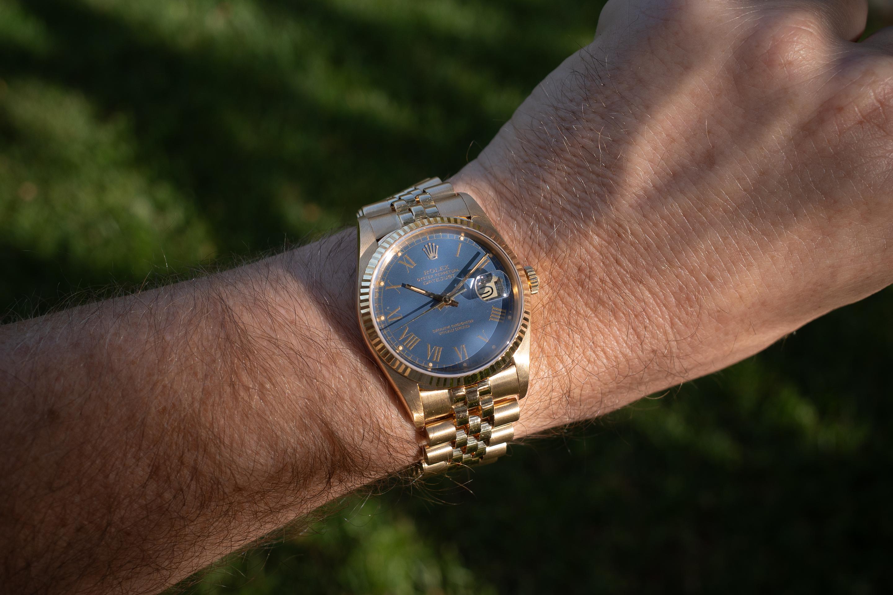 1987 Rolex 18K YG DateJust 16018 Blue Roman Numeral Tropical Dial